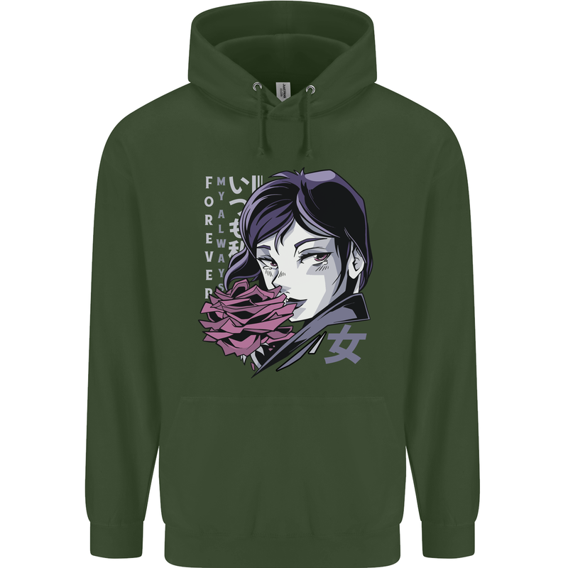 Anime Girl With Flowers Mens 80% Cotton Hoodie Forest Green