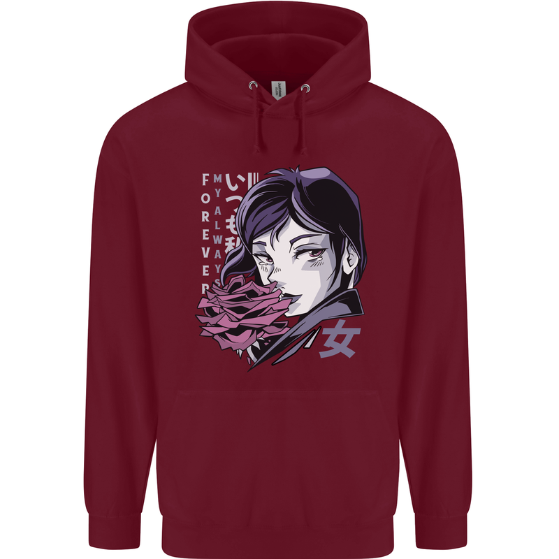 Anime Girl With Flowers Mens 80% Cotton Hoodie Maroon