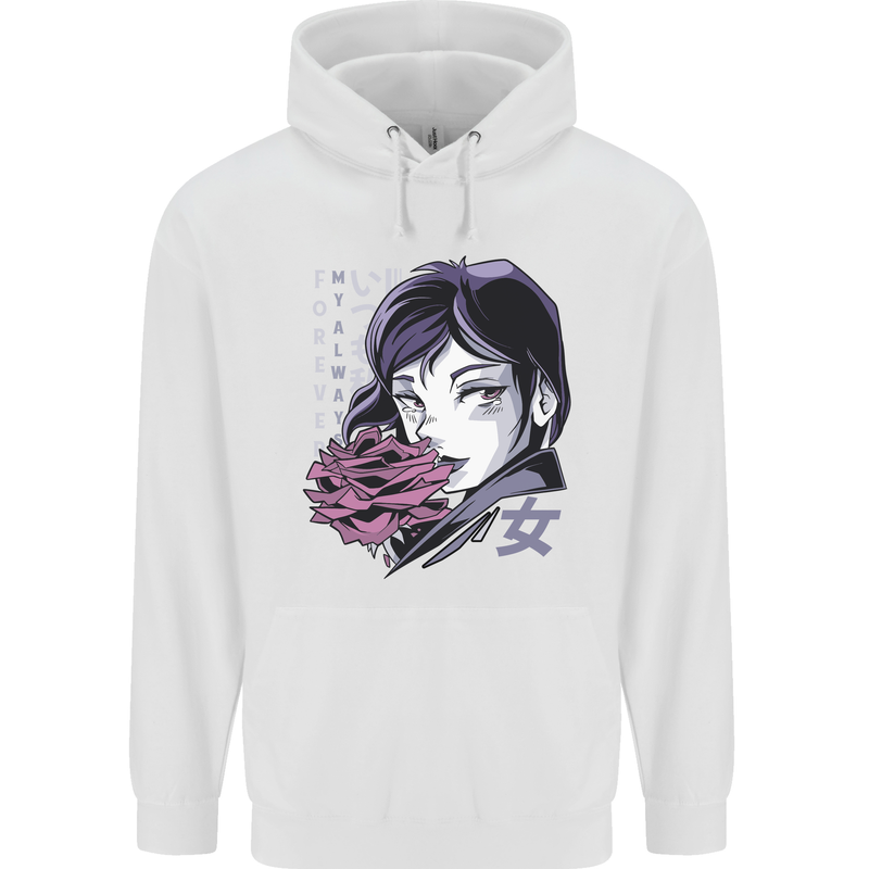 Anime Girl With Flowers Mens 80% Cotton Hoodie White