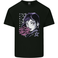 Anime Girl With Flowers Mens Cotton T-Shirt Tee Top Black