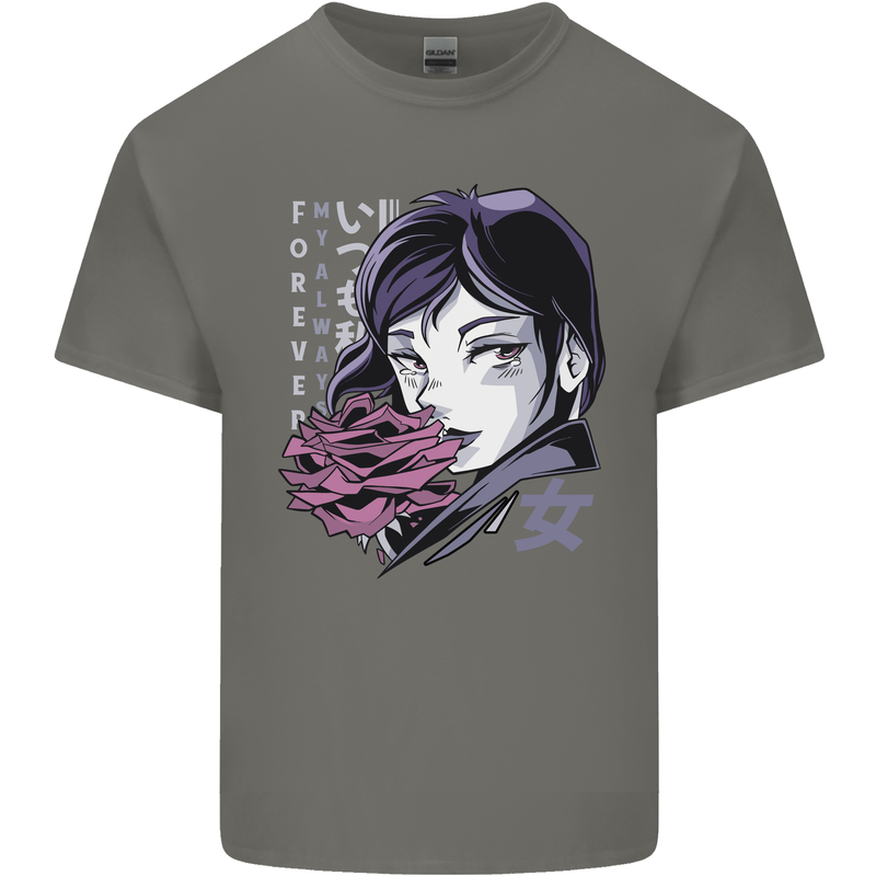 Anime Girl With Flowers Mens Cotton T-Shirt Tee Top Charcoal