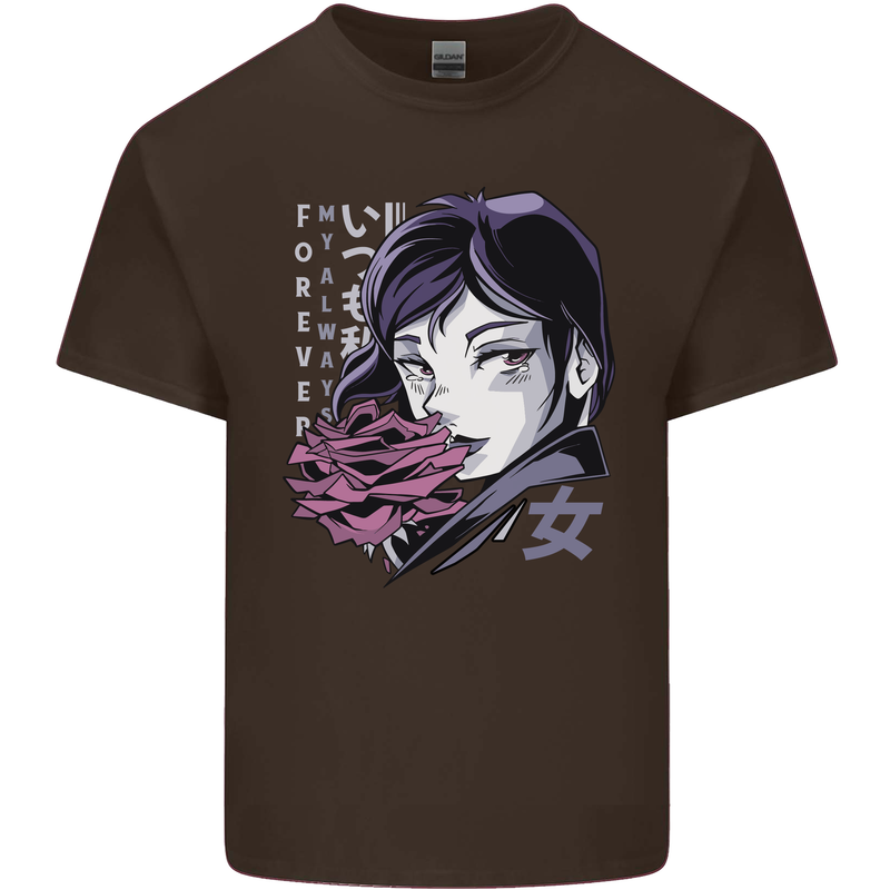 Anime Girl With Flowers Mens Cotton T-Shirt Tee Top Dark Chocolate