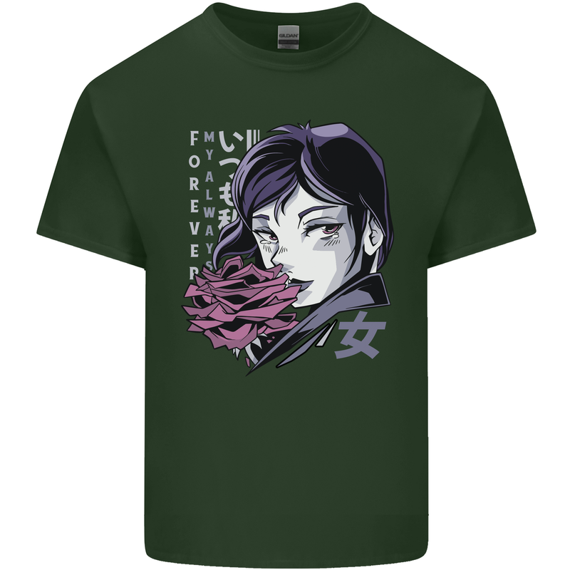 Anime Girl With Flowers Mens Cotton T-Shirt Tee Top Forest Green