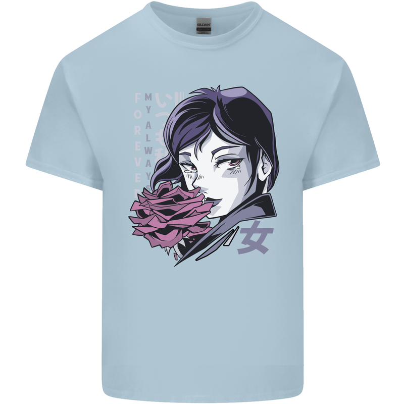 Anime Girl With Flowers Mens Cotton T-Shirt Tee Top Light Blue