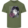 Anime Girl With Flowers Mens Cotton T-Shirt Tee Top Military Green
