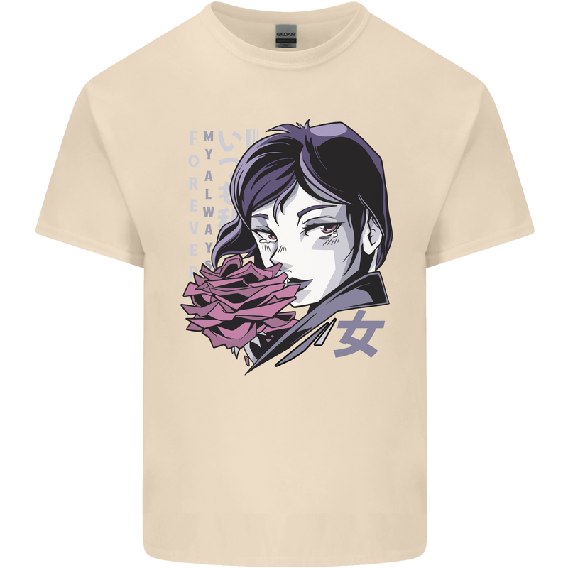 Anime Girl With Flowers Mens Cotton T-Shirt Tee Top Natural