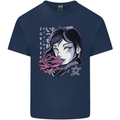 Anime Girl With Flowers Mens Cotton T-Shirt Tee Top Navy Blue