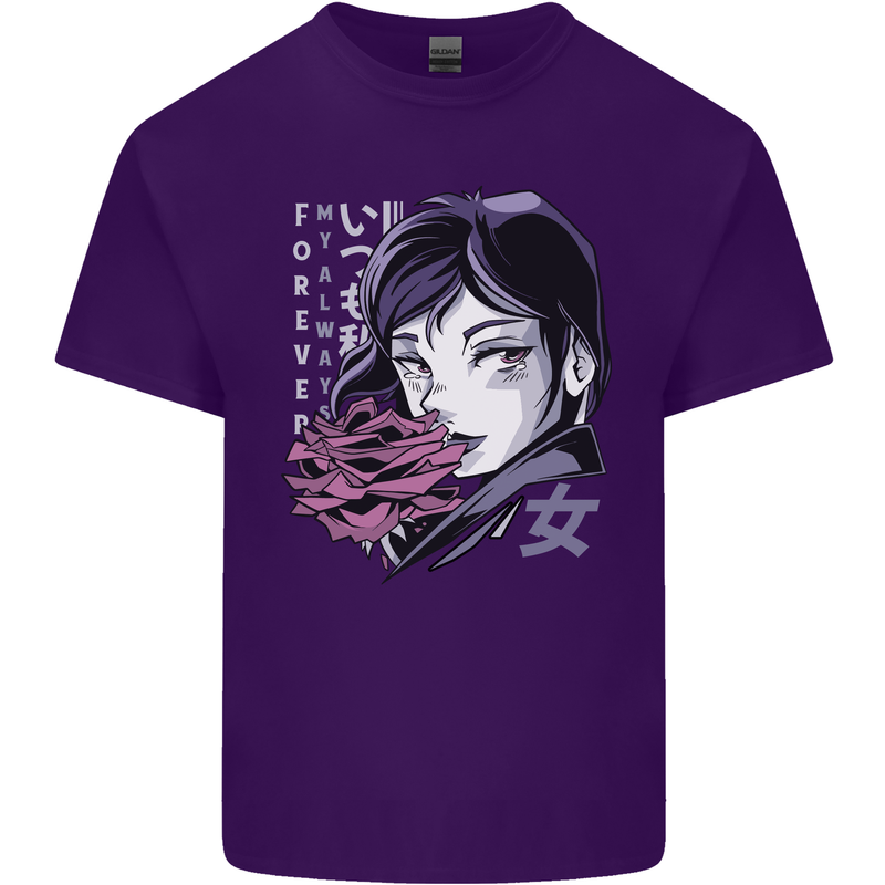 Anime Girl With Flowers Mens Cotton T-Shirt Tee Top Purple