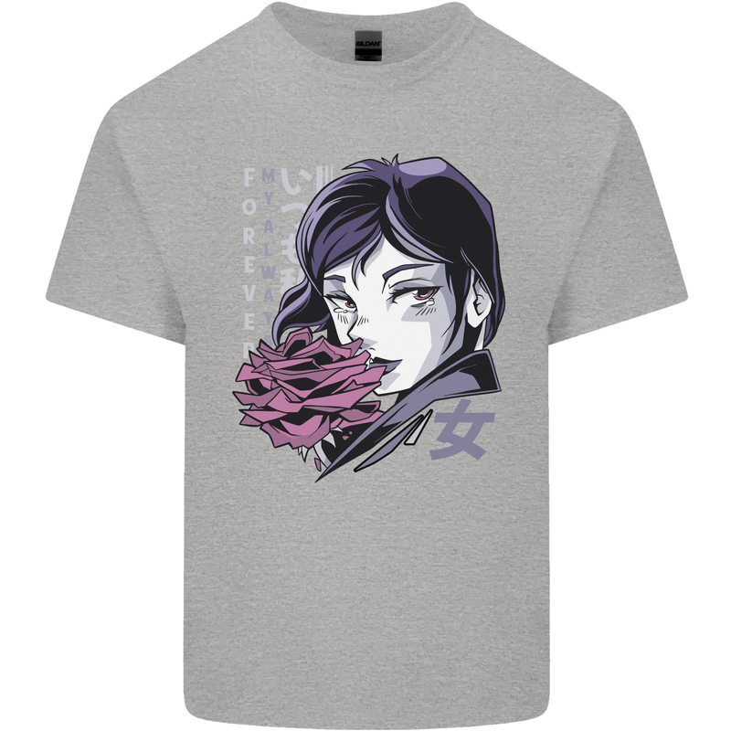 Anime Girl With Flowers Mens Cotton T-Shirt Tee Top Sports Grey