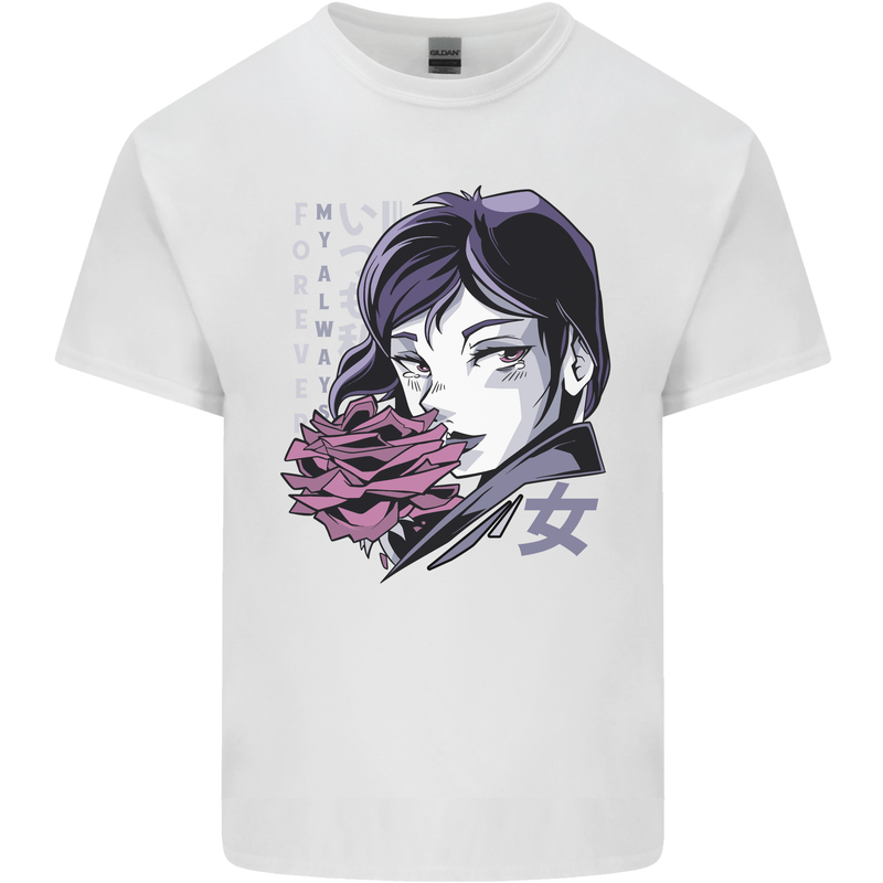 Anime Girl With Flowers Mens Cotton T-Shirt Tee Top White