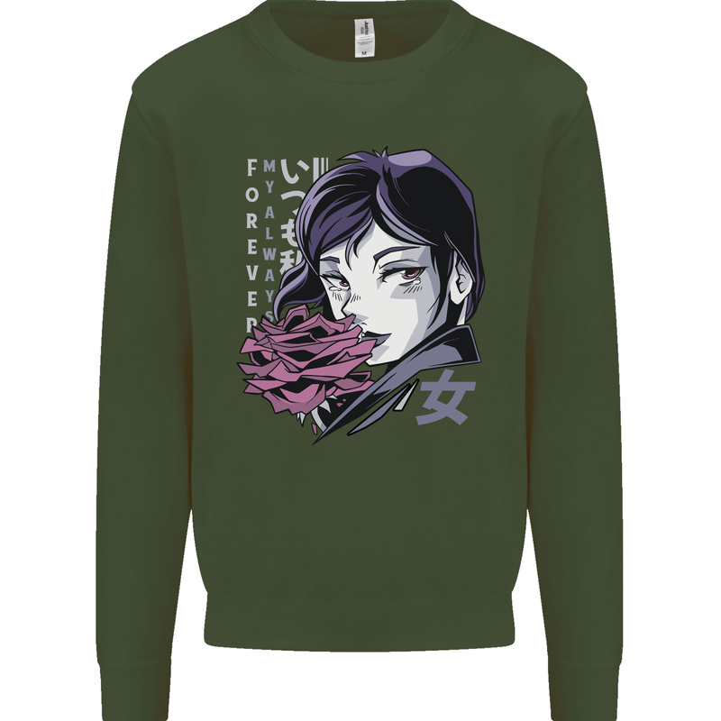 Anime Girl With Flowers Mens Sweatshirt Jumper Forest Green
