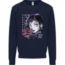 Anime Girl With Flowers Mens Sweatshirt Jumper Navy Blue