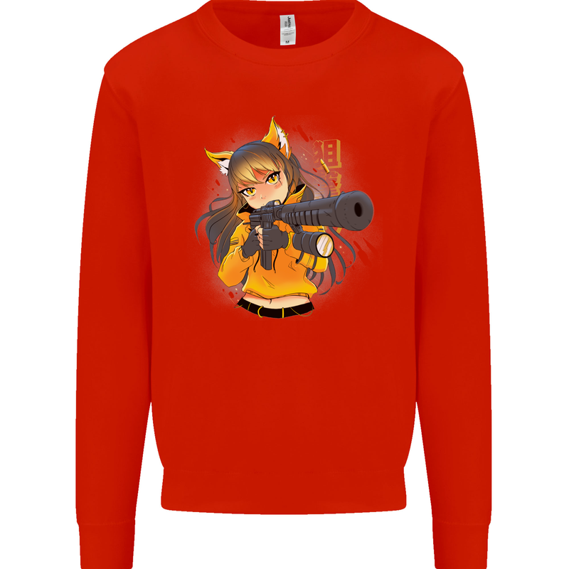Anime Gun Girl Kids Sweatshirt Jumper Bright Red