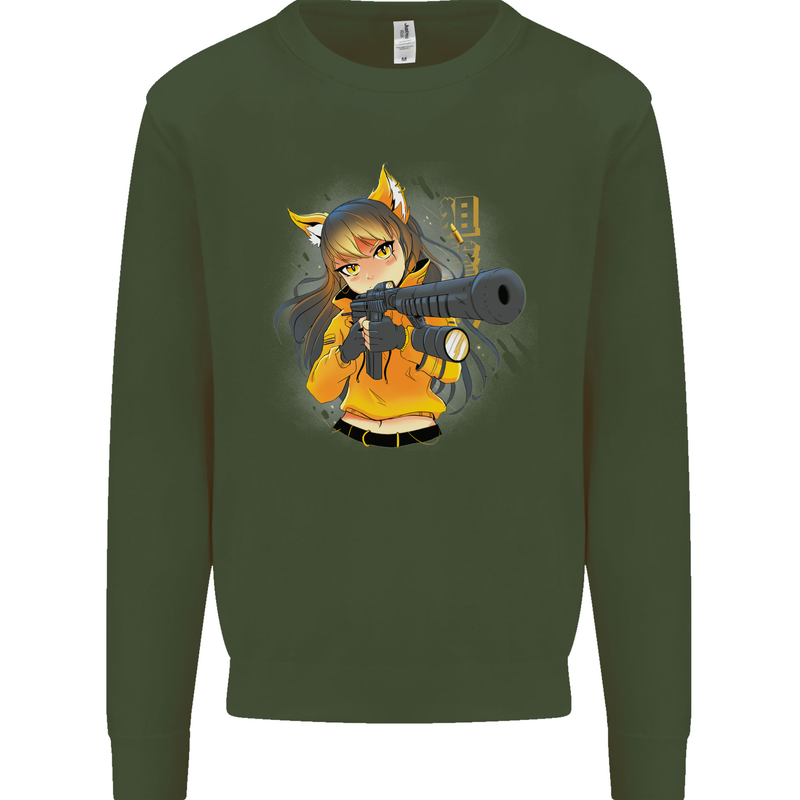 Anime Gun Girl Kids Sweatshirt Jumper Forest Green
