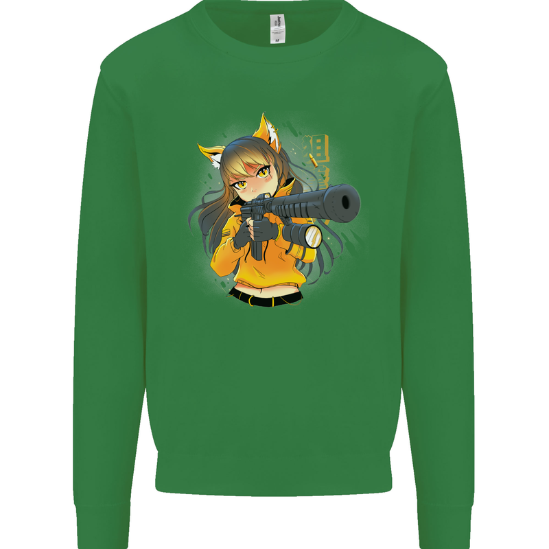 Anime Gun Girl Kids Sweatshirt Jumper Irish Green