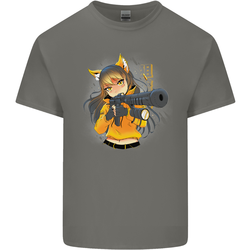 Anime Gun Girl Kids T-Shirt Childrens Charcoal