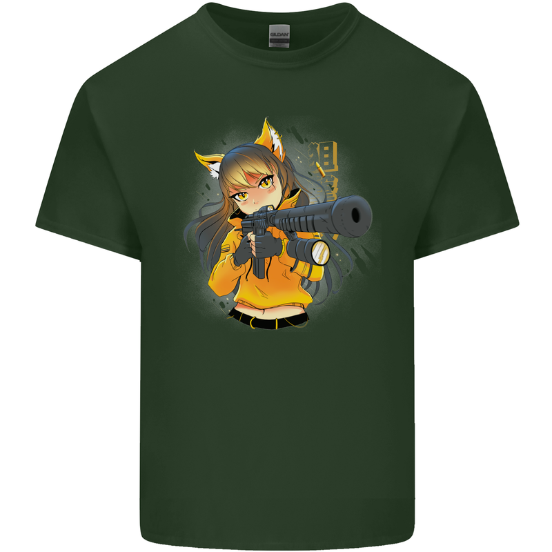 Anime Gun Girl Mens Cotton T-Shirt Tee Top Forest Green