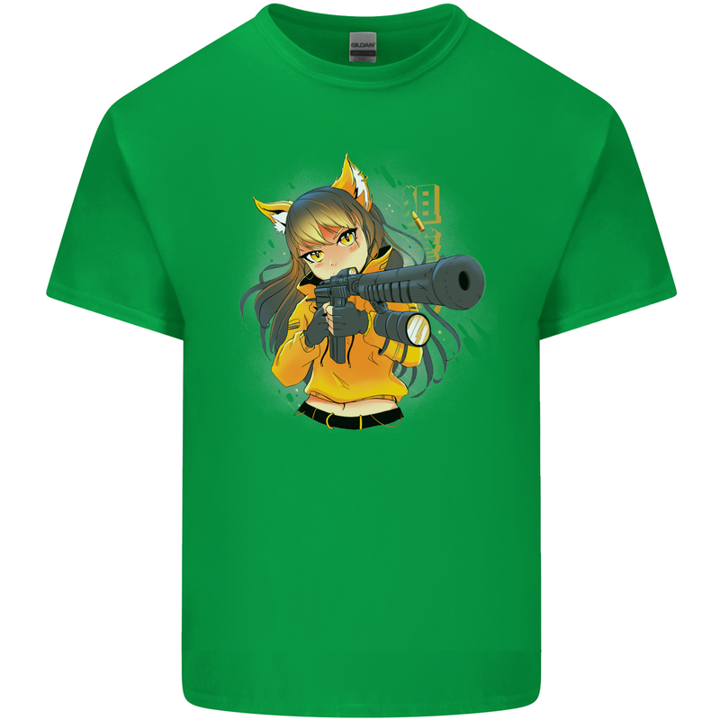 Anime Gun Girl Mens Cotton T-Shirt Tee Top Irish Green