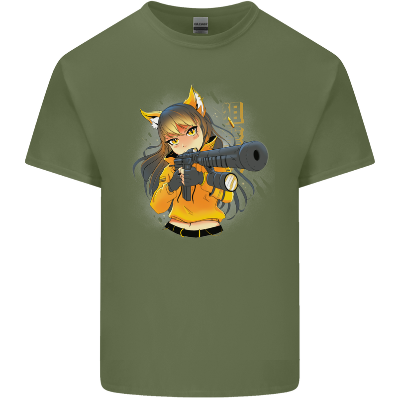 Anime Gun Girl Mens Cotton T-Shirt Tee Top Military Green