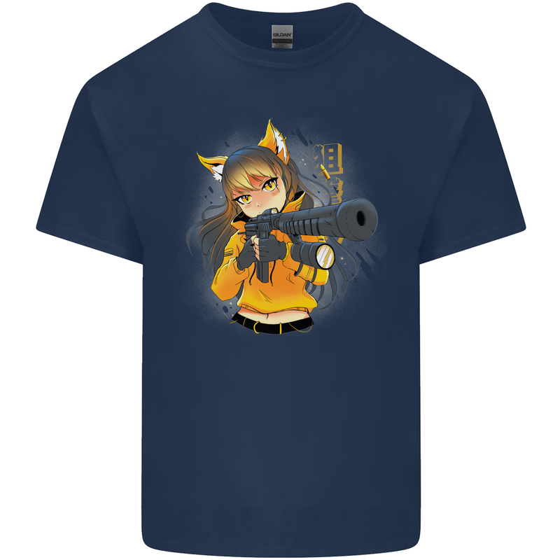 Anime Gun Girl Mens Cotton T-Shirt Tee Top Navy Blue