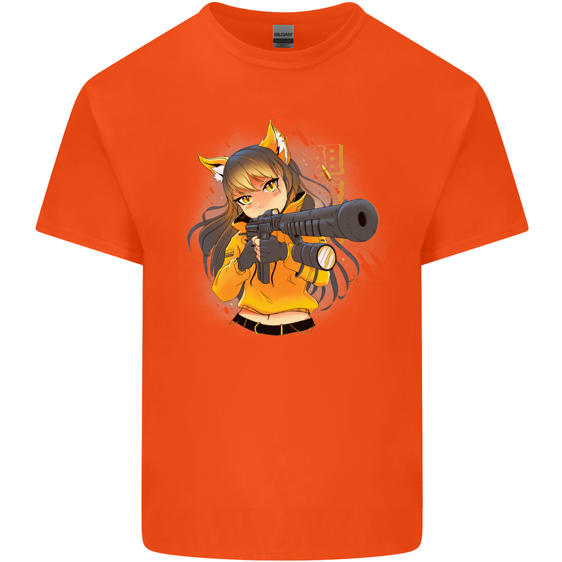 Anime Gun Girl Mens Cotton T-Shirt Tee Top Orange