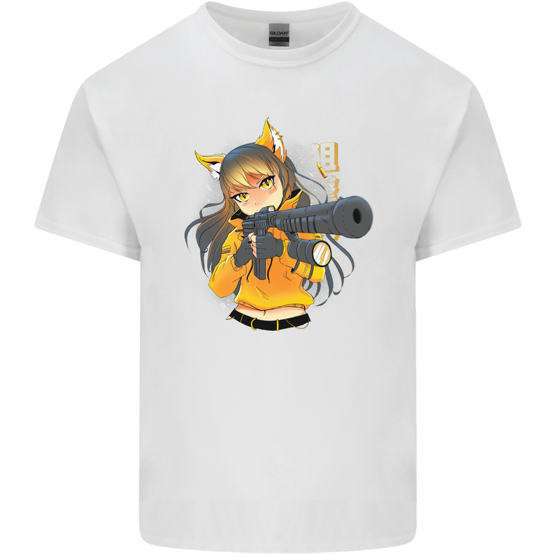 Anime Gun Girl Mens Cotton T-Shirt Tee Top White