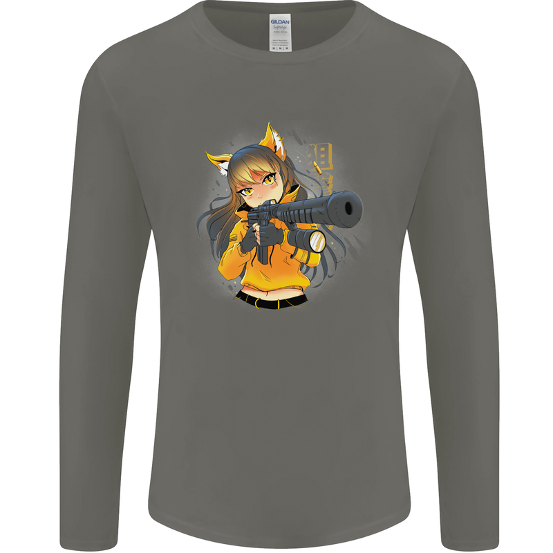 Anime Gun Girl Mens Long Sleeve T-Shirt Charcoal