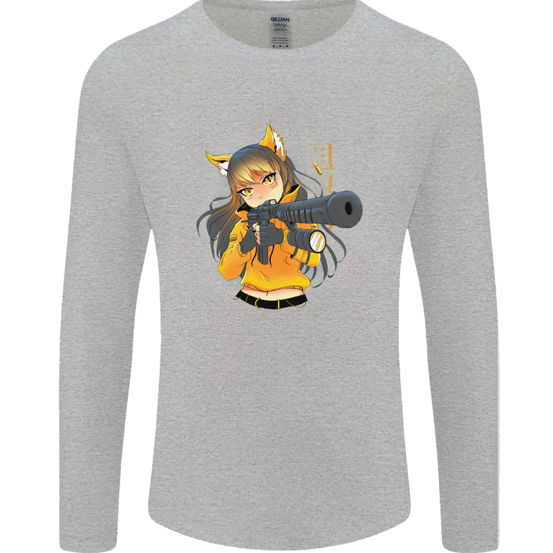Anime Gun Girl Mens Long Sleeve T-Shirt Sports Grey