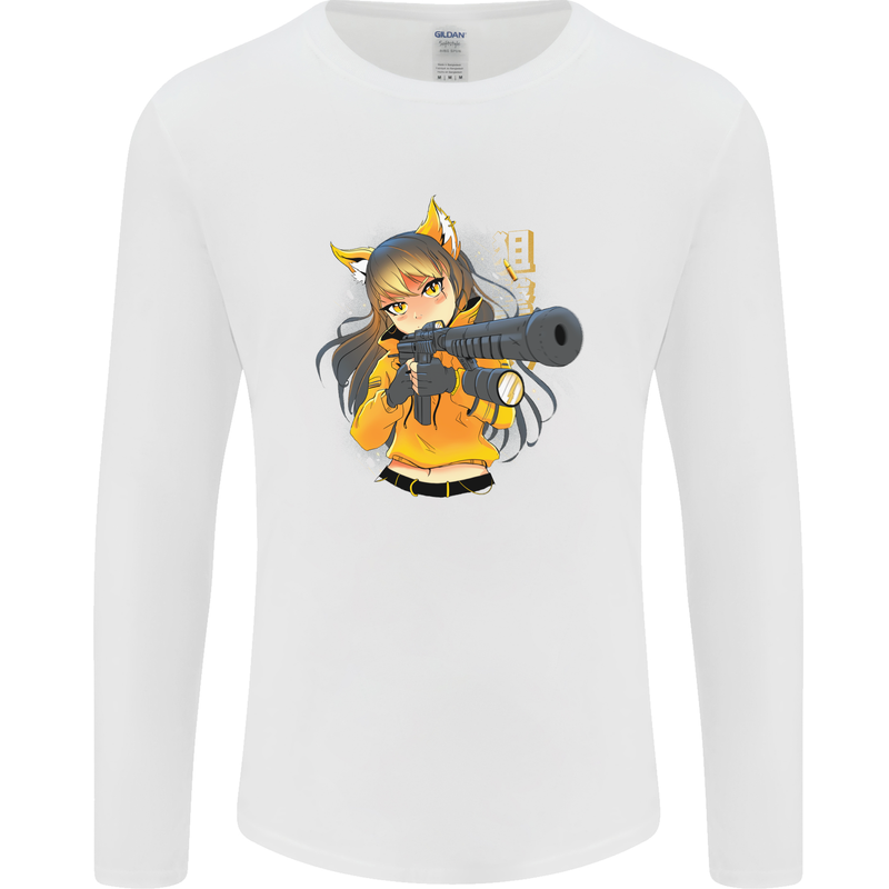 Anime Gun Girl Mens Long Sleeve T-Shirt White