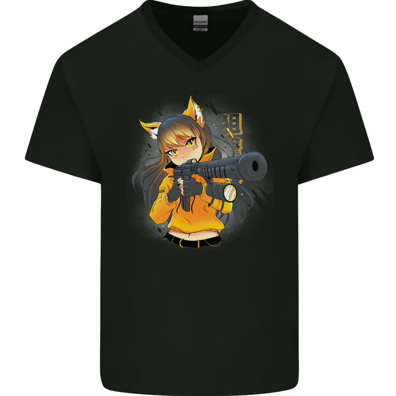 Anime Gun Girl Mens V-Neck Cotton T-Shirt Black