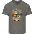 Anime Gun Girl Mens V-Neck Cotton T-Shirt Charcoal