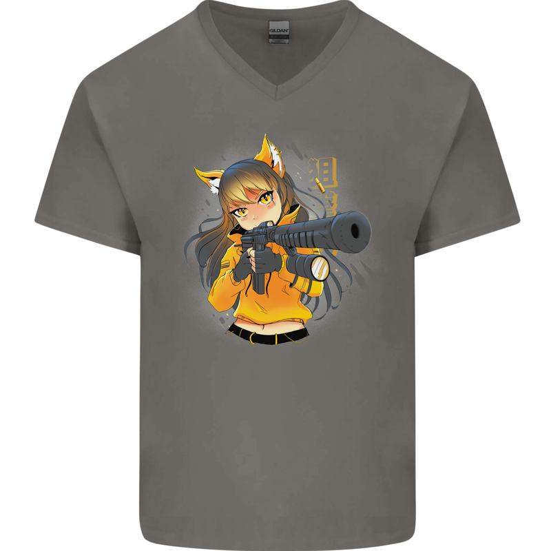 Anime Gun Girl Mens V-Neck Cotton T-Shirt Charcoal