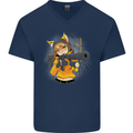 Anime Gun Girl Mens V-Neck Cotton T-Shirt Navy Blue