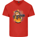 Anime Gun Girl Mens V-Neck Cotton T-Shirt Red
