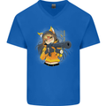 Anime Gun Girl Mens V-Neck Cotton T-Shirt Royal Blue