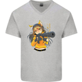 Anime Gun Girl Mens V-Neck Cotton T-Shirt Sports Grey
