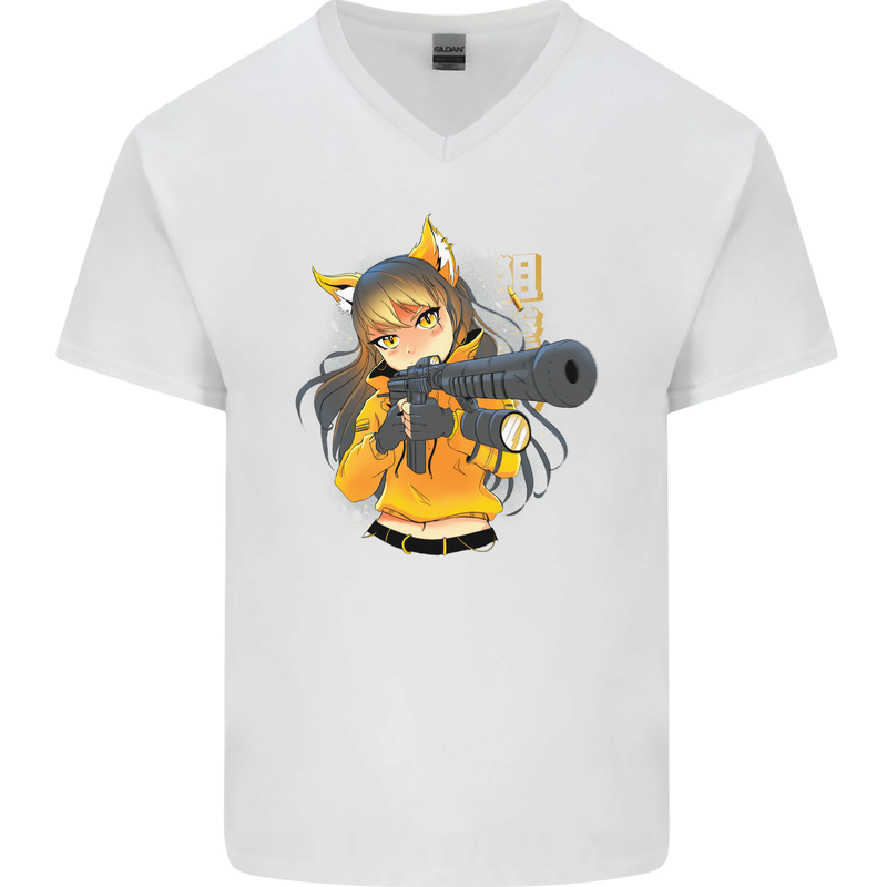 Anime Gun Girl Mens V-Neck Cotton T-Shirt White