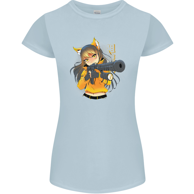 Anime Gun Girl Womens Petite Cut T-Shirt Light Blue
