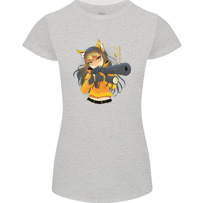 Anime Gun Girl Womens Petite Cut T-Shirt Sports Grey