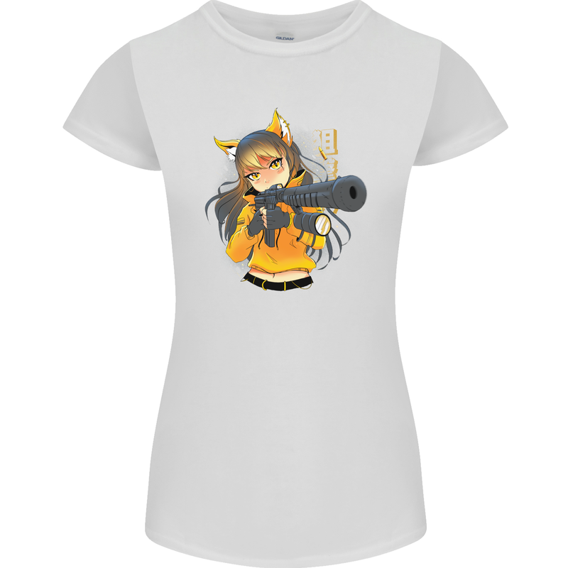 Anime Gun Girl Womens Petite Cut T-Shirt White