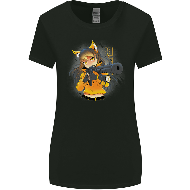 Anime Gun Girl Womens Wider Cut T-Shirt Black