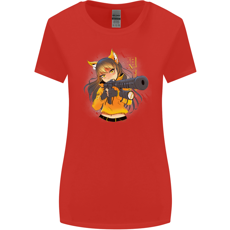 Anime Gun Girl Womens Wider Cut T-Shirt Red
