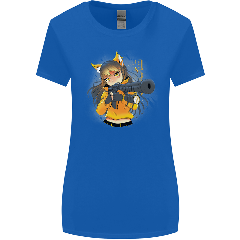 Anime Gun Girl Womens Wider Cut T-Shirt Royal Blue