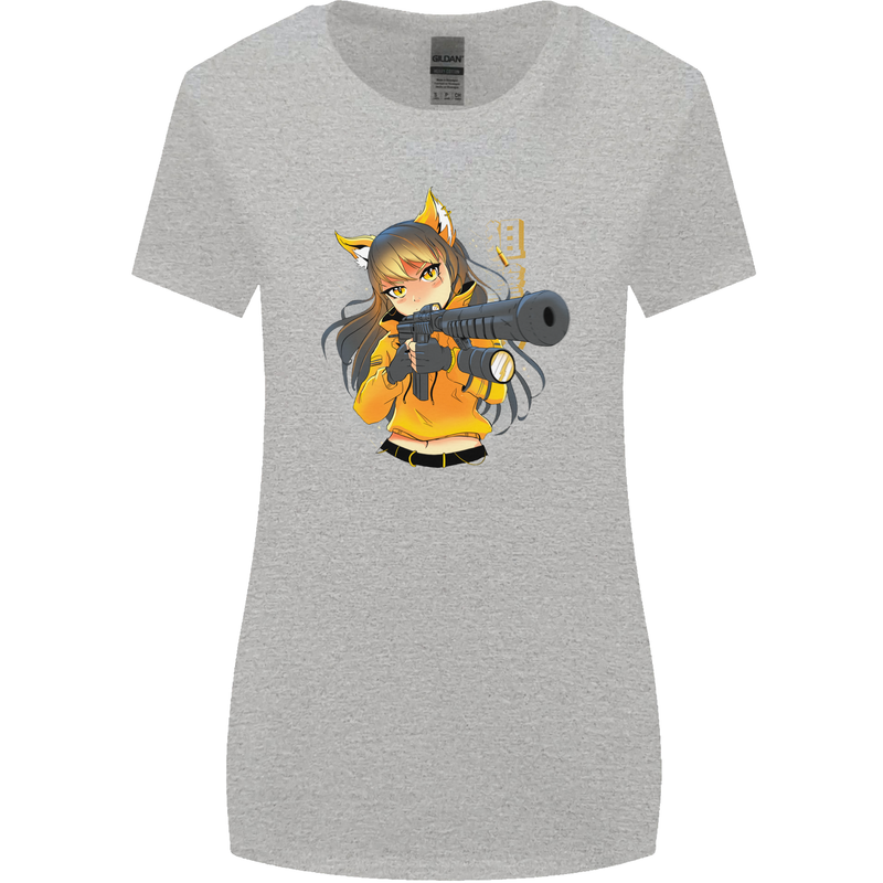 Anime Gun Girl Womens Wider Cut T-Shirt Sports Grey