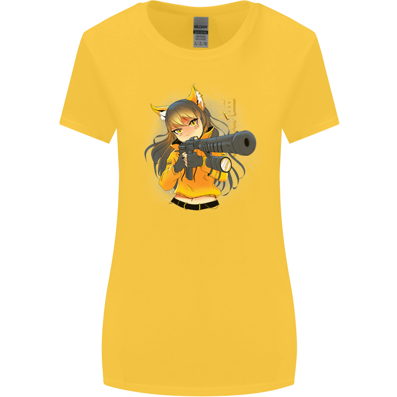 Anime Gun Girl Womens Wider Cut T-Shirt Yellow