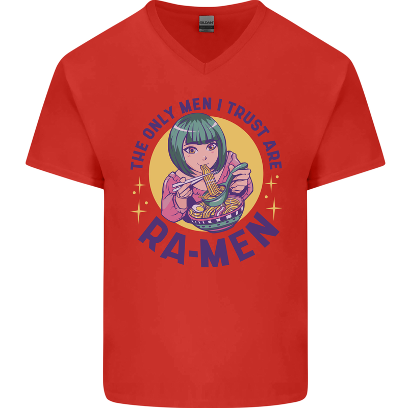 Anime Ra Men Mens V-Neck Cotton T-Shirt Red