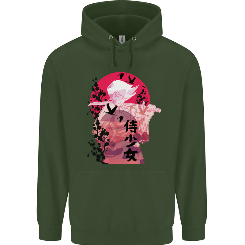 Anime Samurai Woman With Sword Mens 80% Cotton Hoodie Forest Green