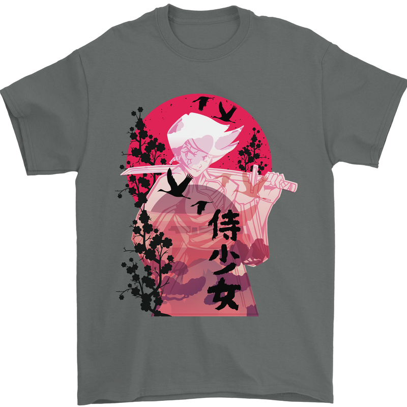 Anime Samurai Woman With Sword Mens T-Shirt Cotton Gildan Charcoal