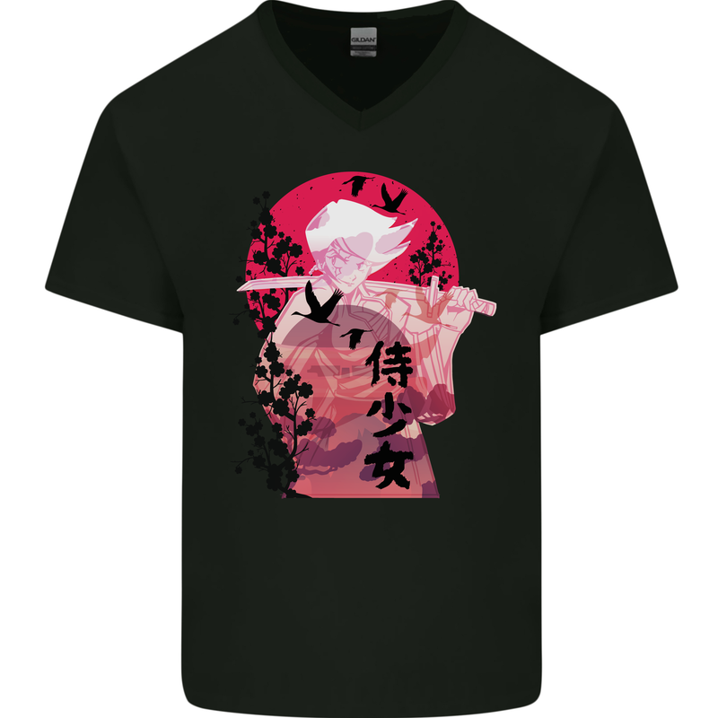 Anime Samurai Woman With Sword Mens V-Neck Cotton T-Shirt Black