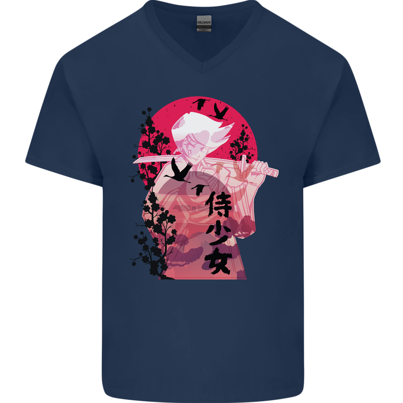 Anime Samurai Woman With Sword Mens V-Neck Cotton T-Shirt Navy Blue